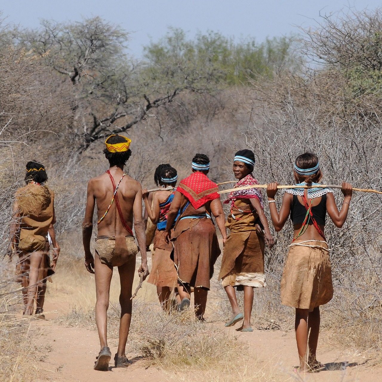 San people walking in traditional clothing in the Kalahari Desert, Botswana_Mtembezi African Safaris San people walking in traditional clothing in the Kalahari Desert, Botswana_Mtembezi African Safaris